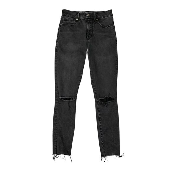 Good American Jeans Womens 26 Black Distressed Raw Hem Skinny Ankle Good Legs - Picture 1 of 13